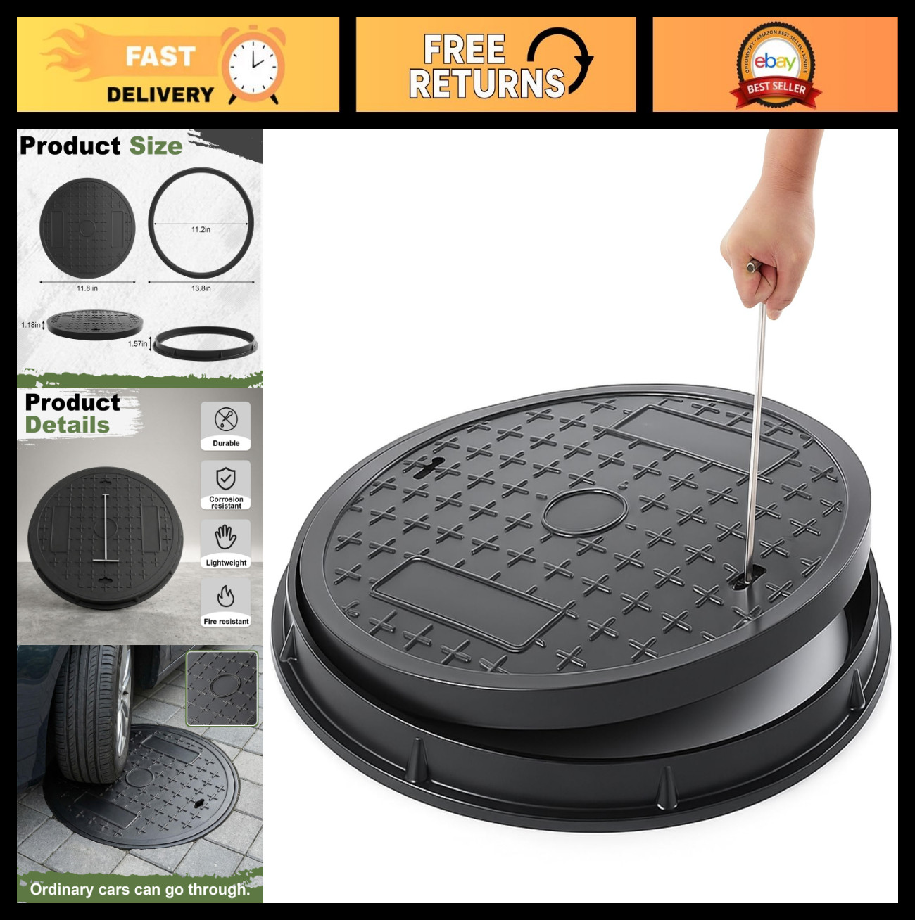 Round Manhole Cover 12" x 1.18" Steel Reinforced Non-Slip Lid for Septic & Sewer