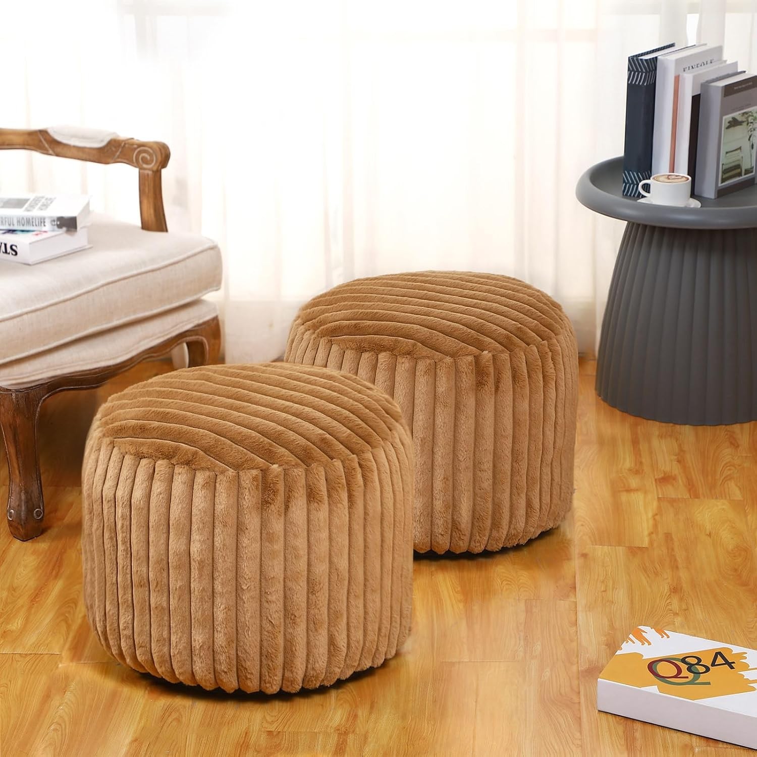 2 Pcs 20 x 15 Inch Unstuffed Pouf Cover OttomanFoot Rest- No Filler, Faux Rabbit