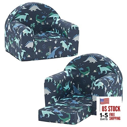 Kids Sofa Couch, 2-in-1 Flip Out Toddler Couch, Baby Lounge Navy Dinosaur