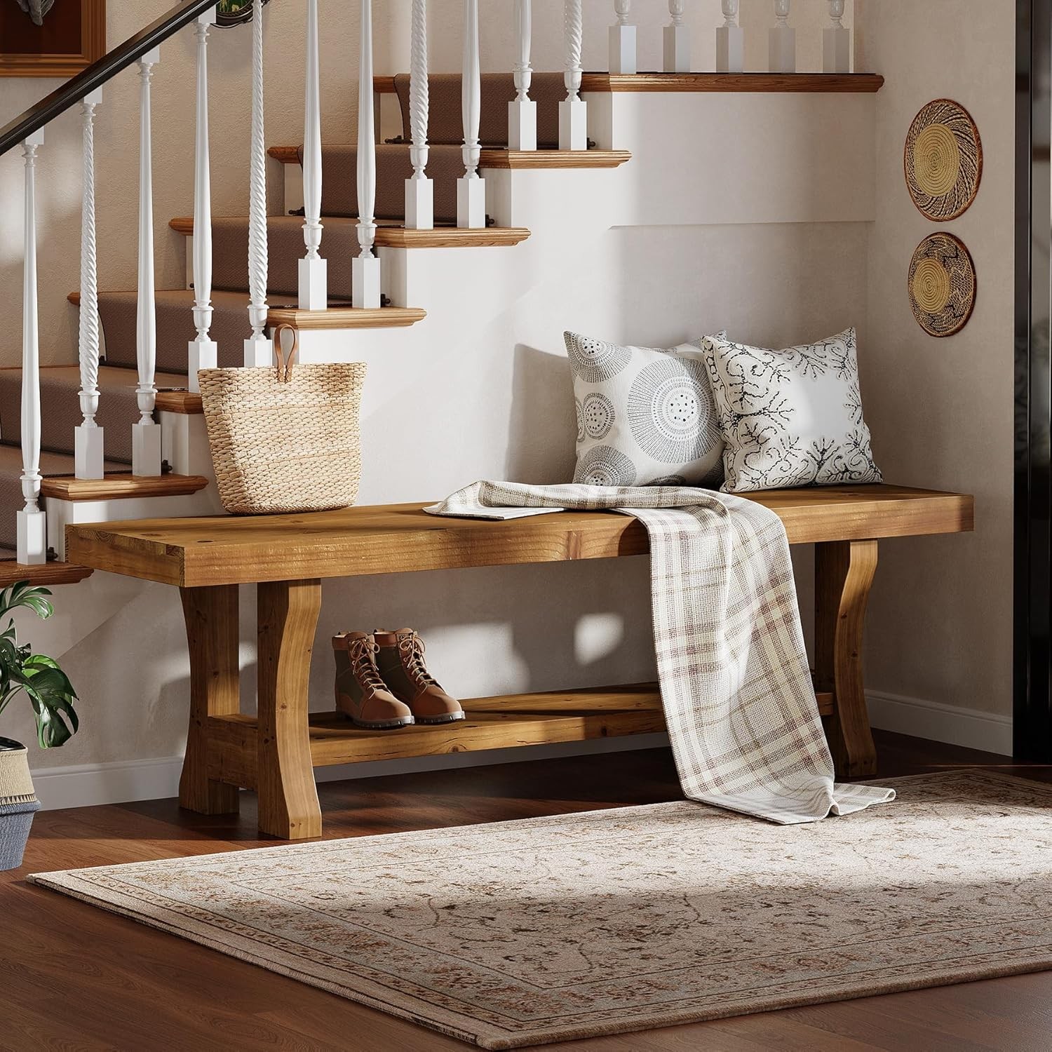 Solid Wood Entryway Bench for Hallway, 55" Indoor End of Bed Bench for Bedroom
