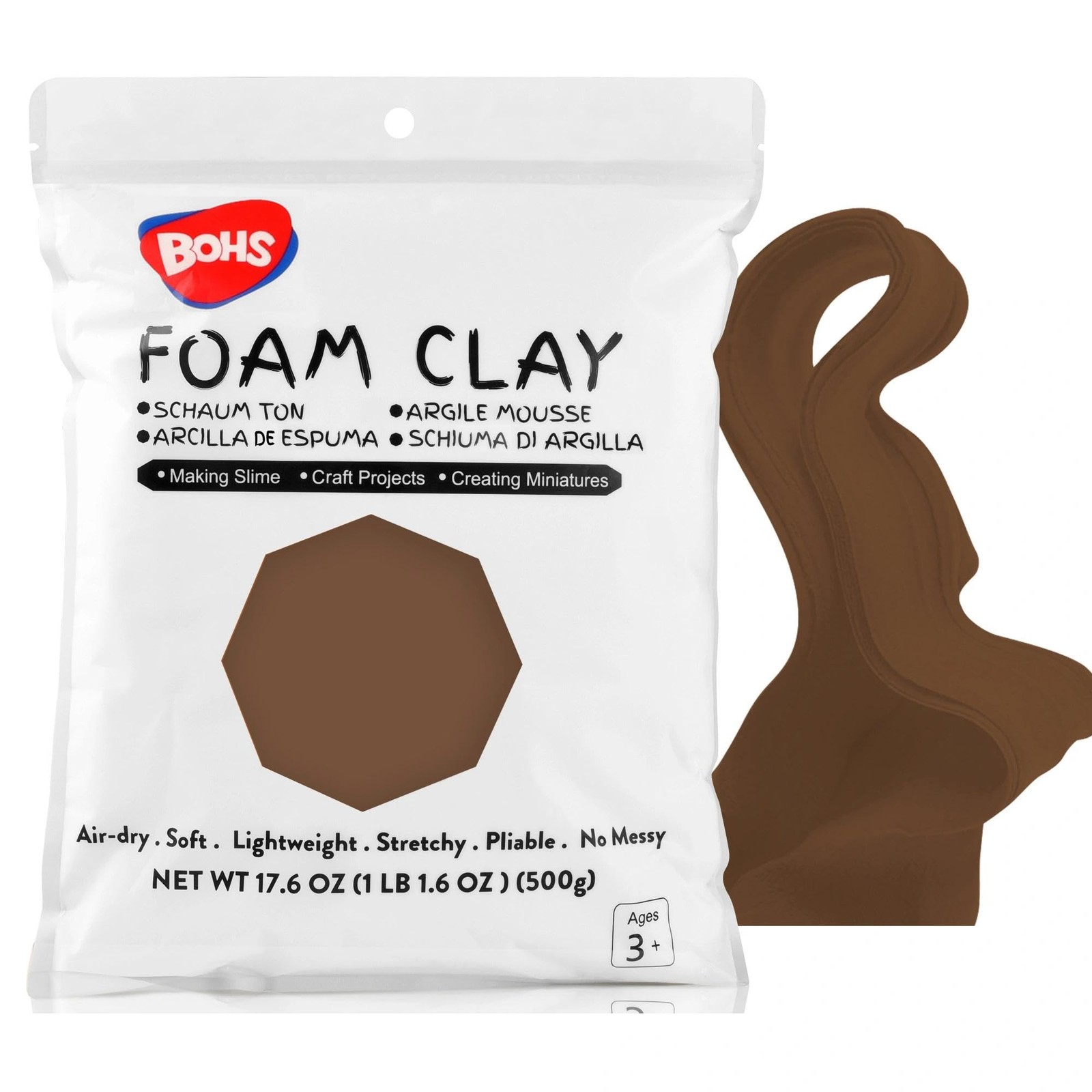 BOHS Brown Modeling Foam Clay - 1.1 Lbs, Squishy,Soft, Air Dry 500 g,