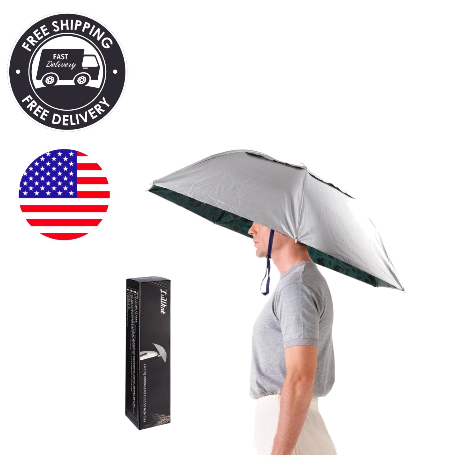 Head Umbrella Hat, Compact Folding Hands Free Hat Umbrella for Adults Rain Su...