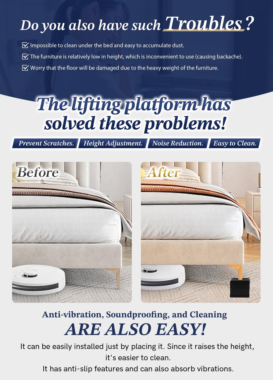 EclatBain Bed Risers Furniture Risers Heavy-Duty Rectangular Adjustable Block...