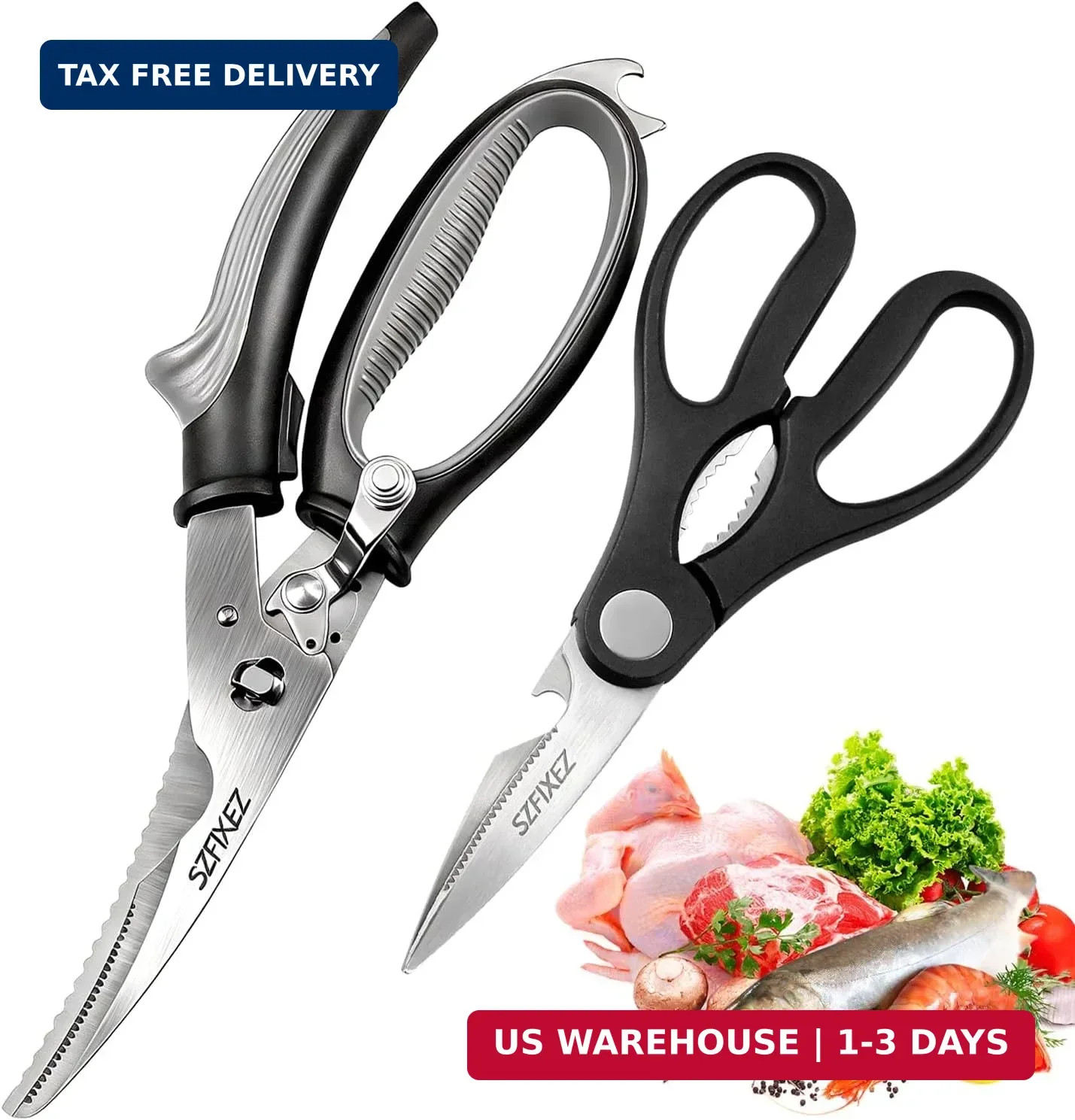 Kitchen Scissors Set 2 Pack, Heavy Duty Detachable Food Grade Stainless Steel Po