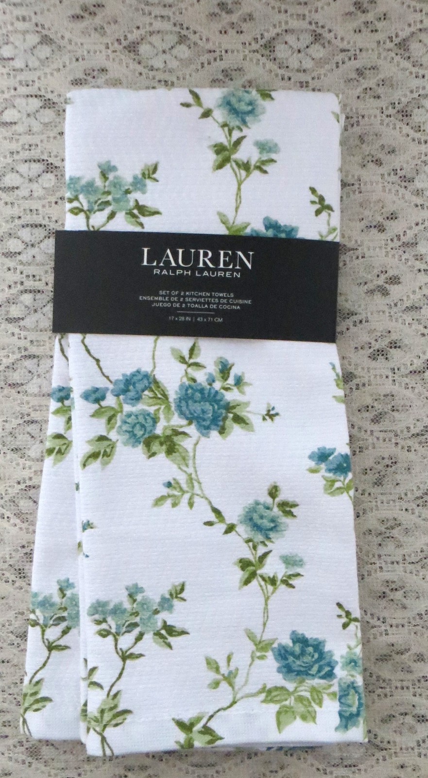2  RALPH LAUREN Kitchen Towels Trailing Blue Floral  100% Cotton NEW/tag