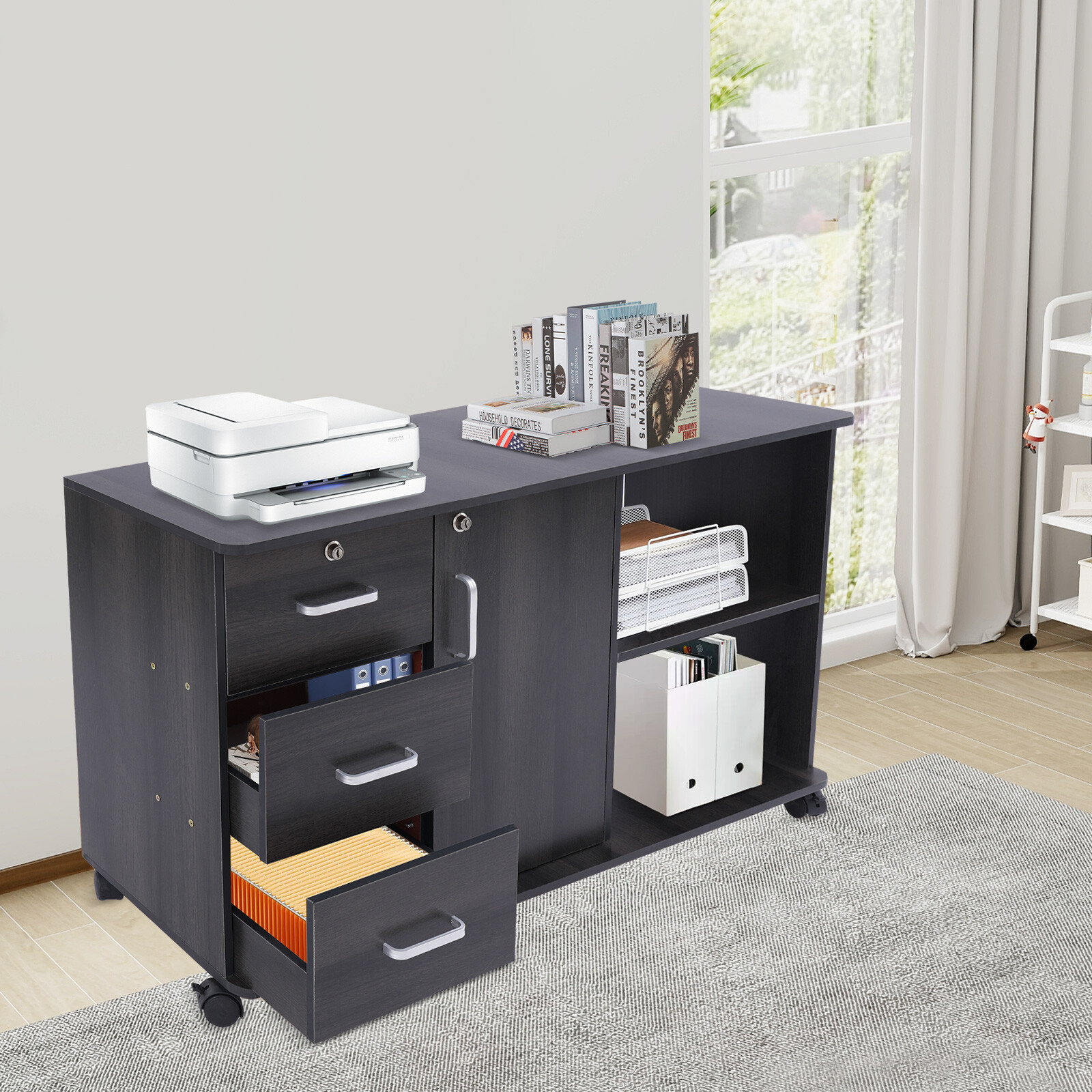 3 Drawers 2 Compartments Mobile File Cabinet Locking File Cabinet MDF 1 Cabinet