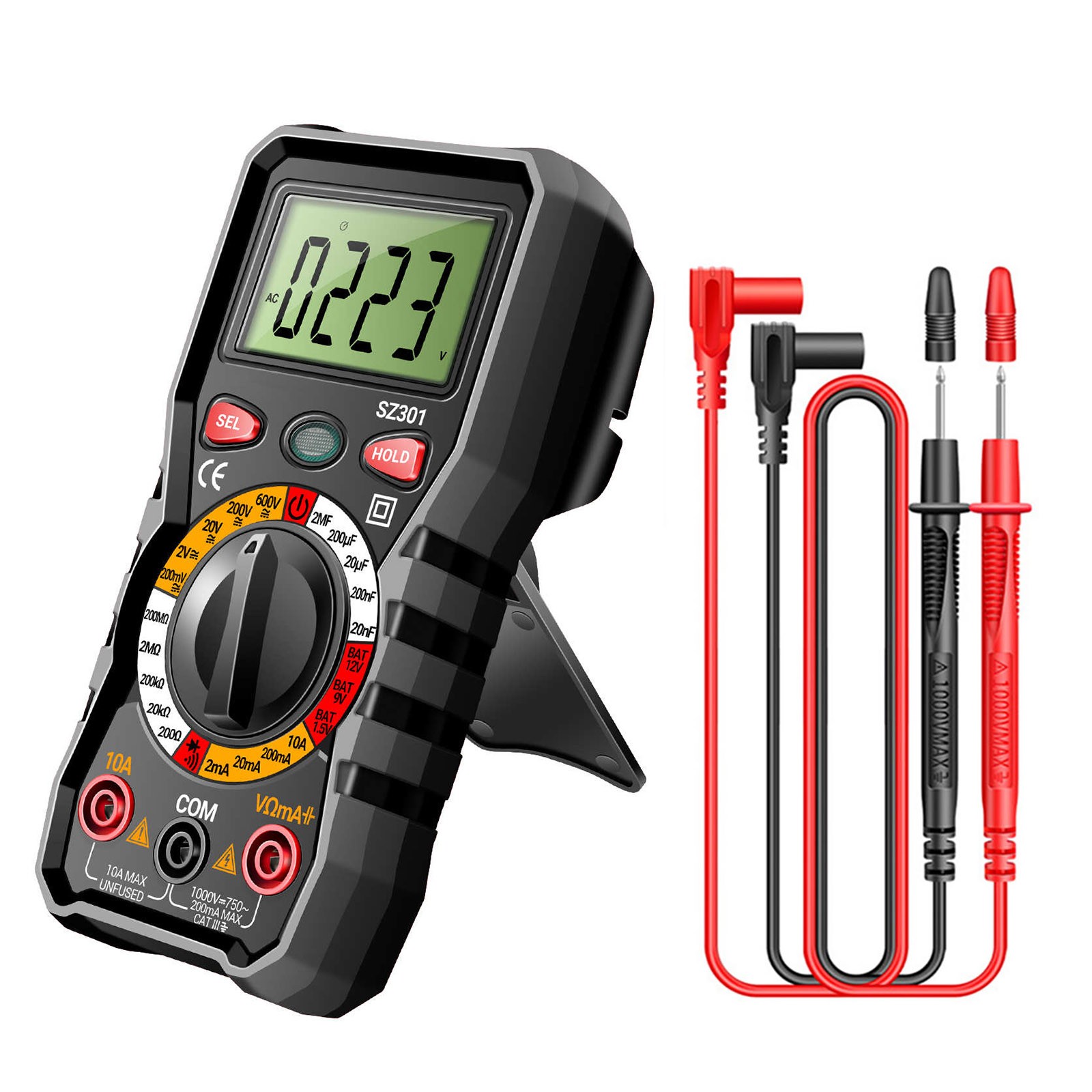 Versatile Digital Multimeter w Test Leads Measures Volt Amp Ohm Capacitance