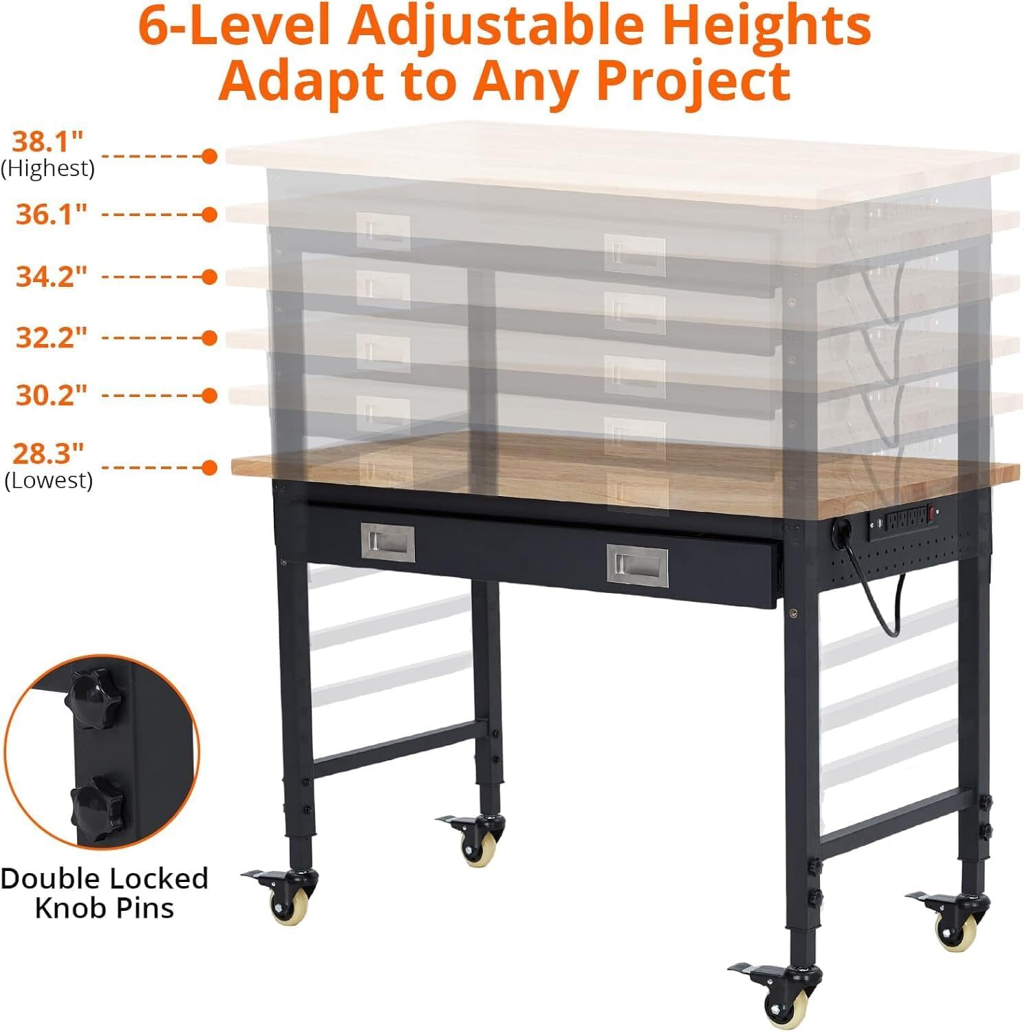Adjustable Height Workbench 48" x 24", Solid Rubber Wood Top, Sturdy Metal Frame