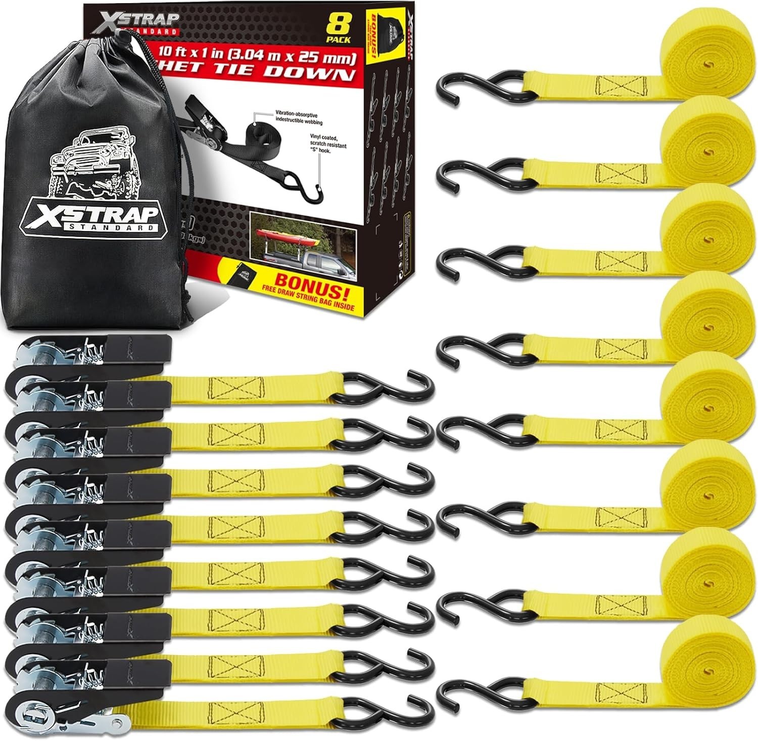 Ratchet Tie Down Straps - 8PK - 1'' x 10 ft - 900 LB Break Strength Yellow