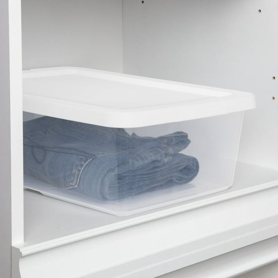 (4) 12 Quart Storage Boxes, Clear Plastic Storage Bin with Snap-On Lid, White