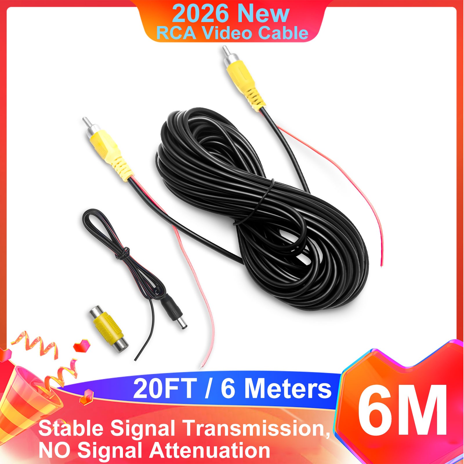 20FT RCA Video Cable for Car Rear View Camera Double Shielded Anti-Interference