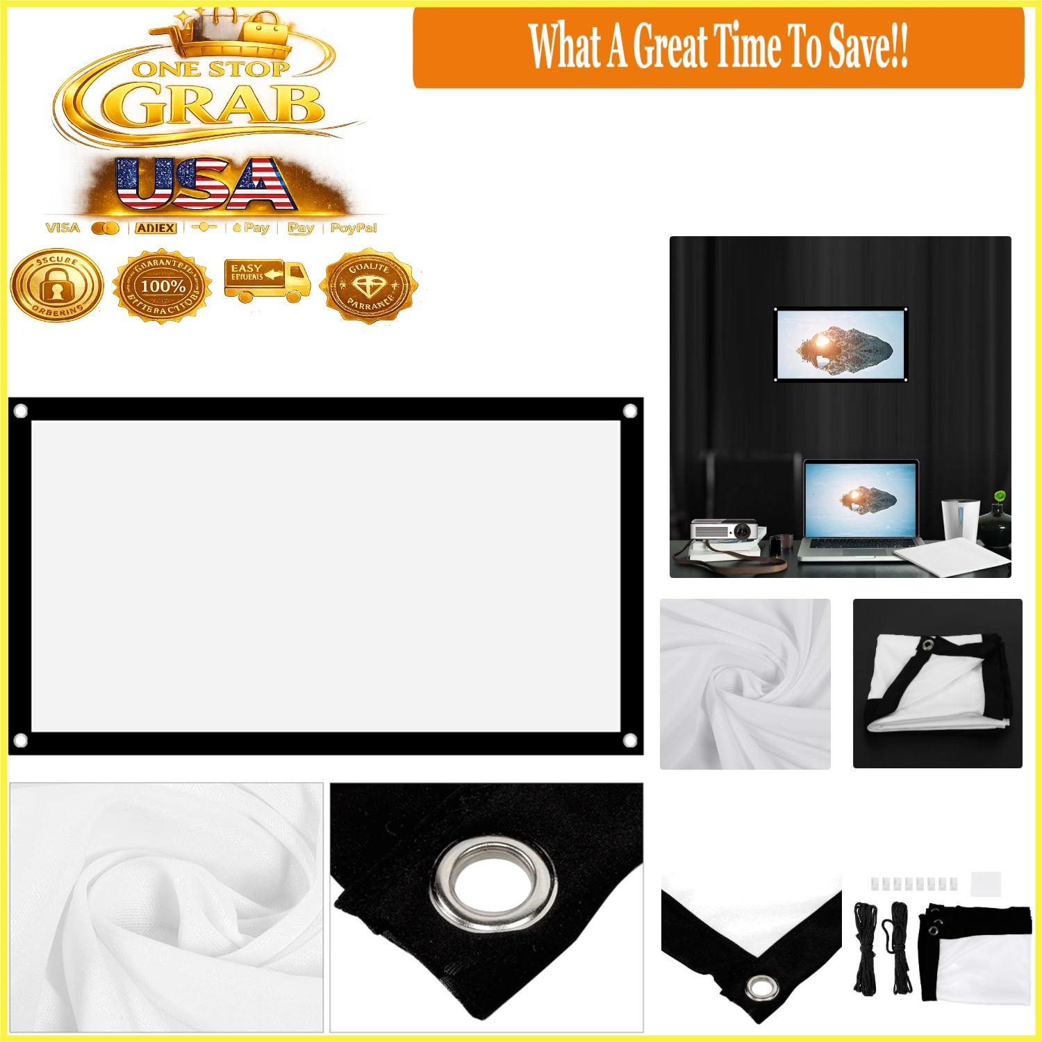 40In Portable Foldable Washable Projector Screen Outdoor Indoor White Polyester