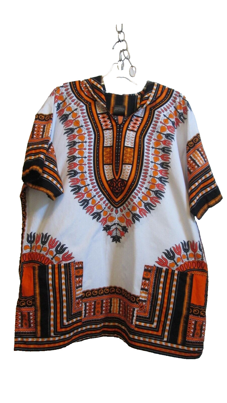 VTG African Dashiki w/Hood & Pockets Unisex Black Orange Tribal Print Hippie