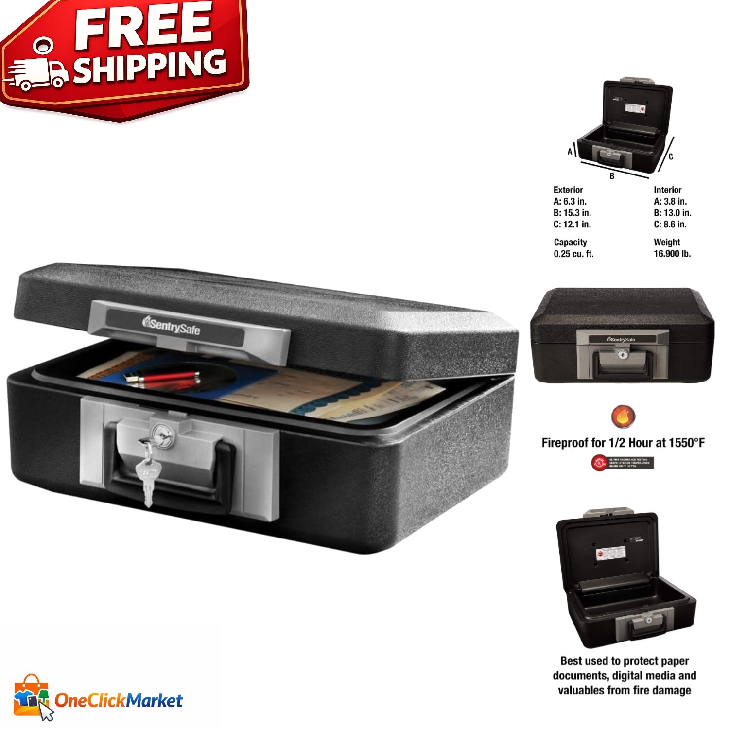 Durable Fireproof Safe Box with Key Lock, Secure Documents & Jewelry