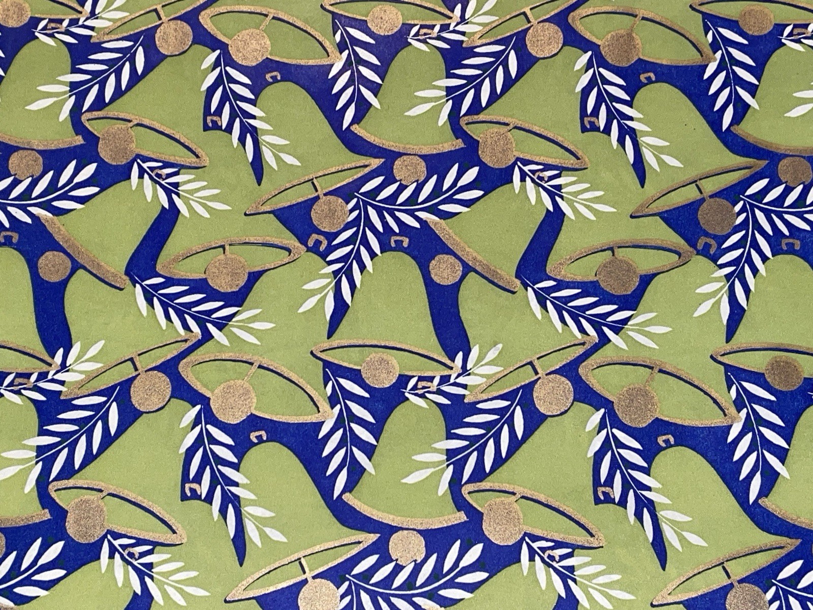 VTG CHRISTMAS WRAPPING PAPER GIFT WRAP GOLD GREEN BELLS ON BLUE RETRO 1960 NOS