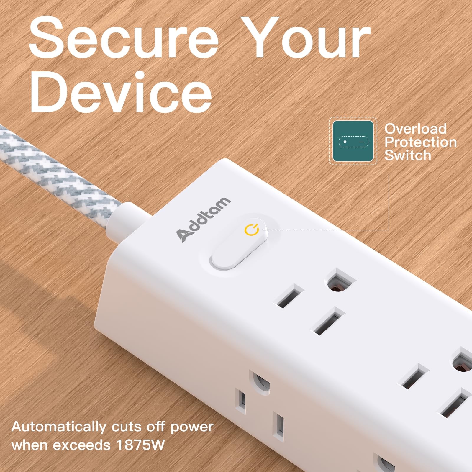 Surge Protector Power Strip - 10 FT Extension Cord, 10FT, White
