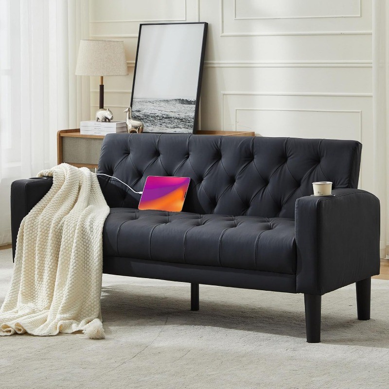 62" W Loveseat Sofa Couches W/ 2 USB Charger Ports and 2 Cupholders Tufted