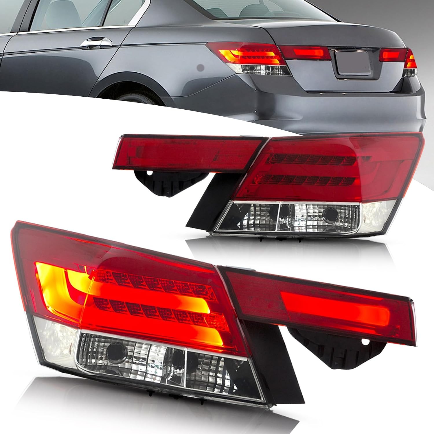 VLAND 4PCS Red LED Tail Lights Fit 2008-2012 Honda Accord Sedan Rear Lamps