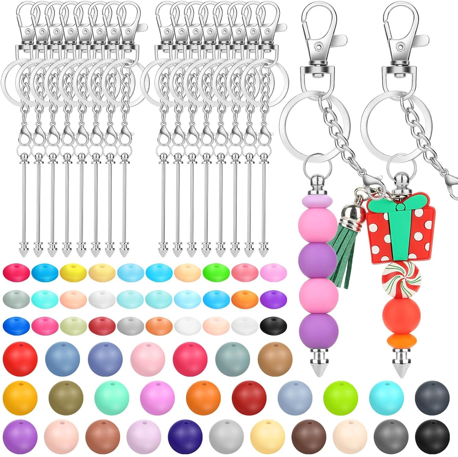 136 Pcs Beadable Keychain Making Kit, Silicone small or miniature, silver