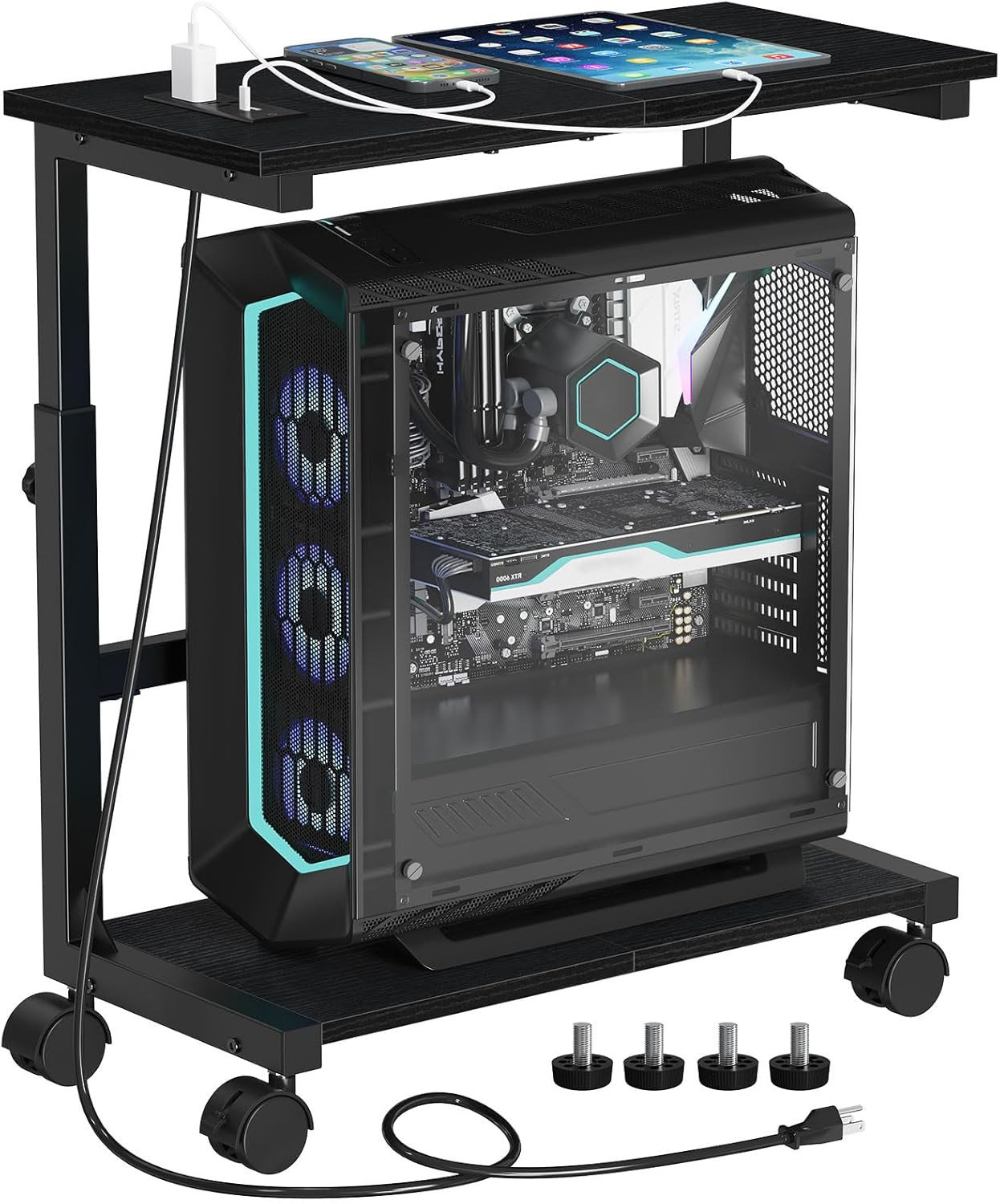 Height Adjustable PC Tower Stand with Charging Station, Rolling CPU Cart with US