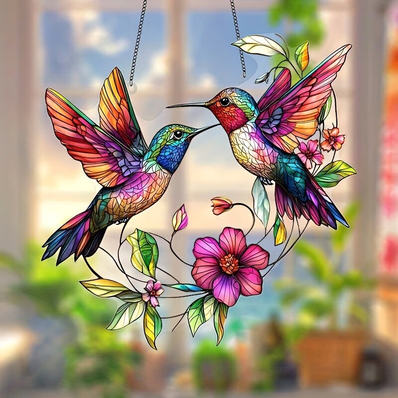 1Pc Acrylic Hummingbird Catcher-Stained Glass Style Window Hanging Decoration