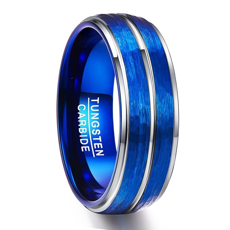 Blue Tungsten Carbide Wedding Band Pinky Ring Brushed Hammer Pattern Silver Line