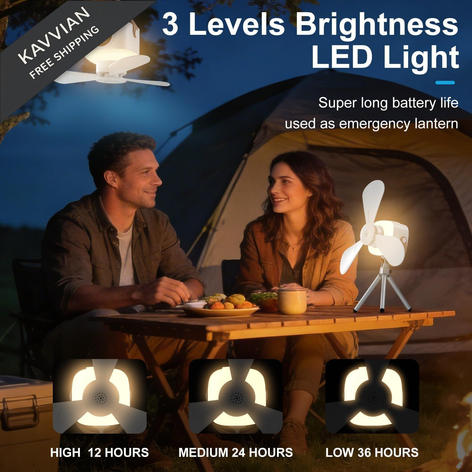Liomus Portable Camping Fan with Lights,LED Hanging Ceiling Medium, White