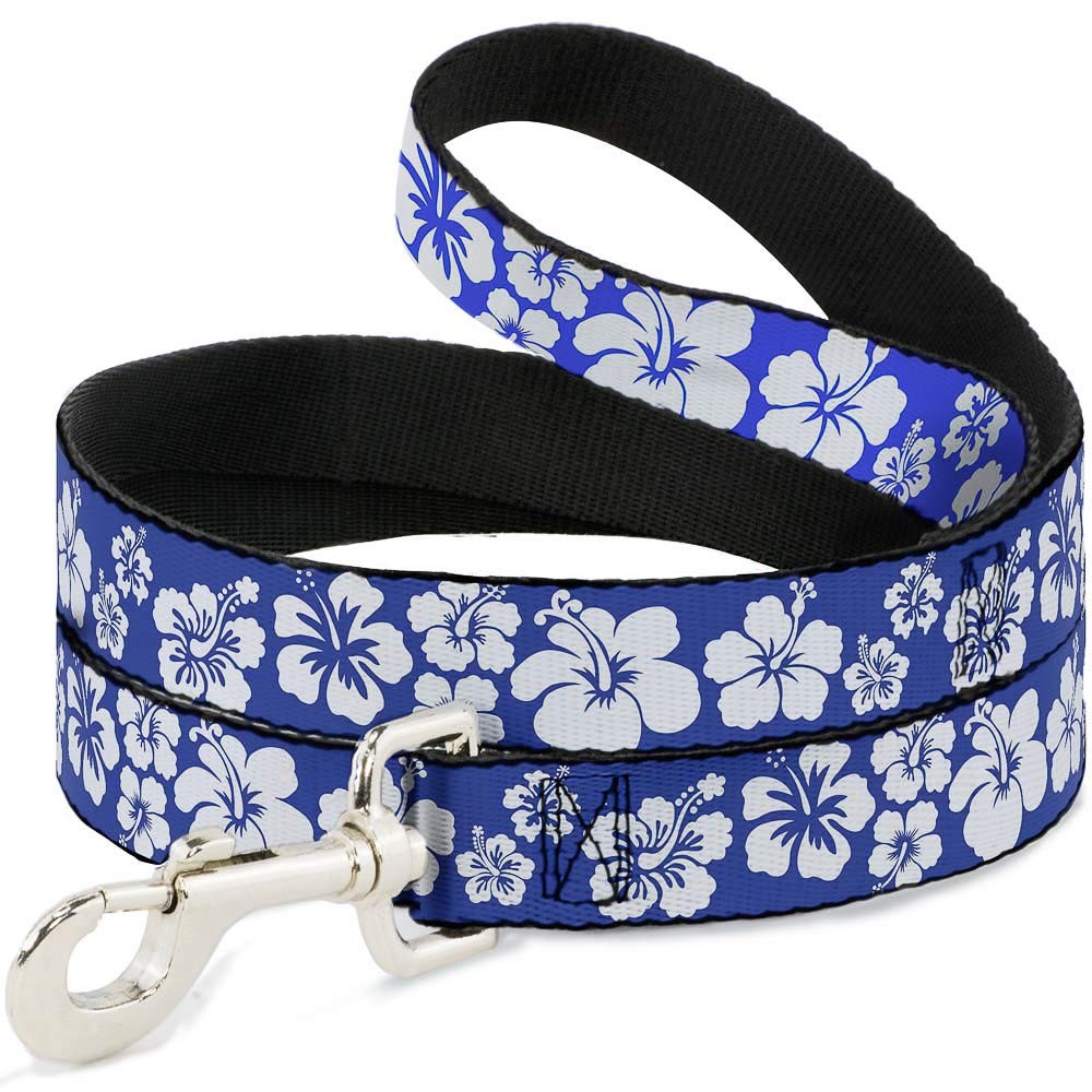 Hibiscus Blue White Floral Dog Leash 6 Feet Long 1.0 Inch Wide Pretty