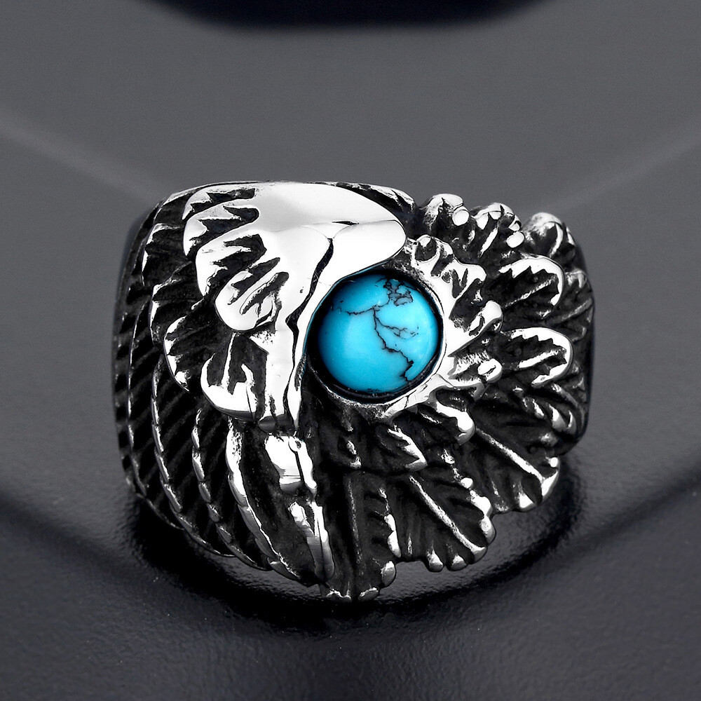 Men's Vintage Indian Tribal Blue Turquoise Eagle Ring Stainless Steel Size 7-13