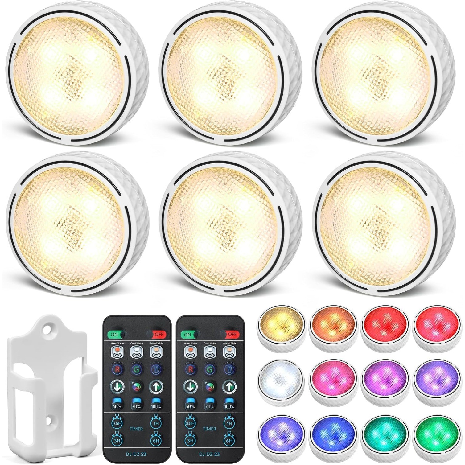 6pcs Cabinet Lights,Battery Operated LED Puck Lights with Remote Control & Timer