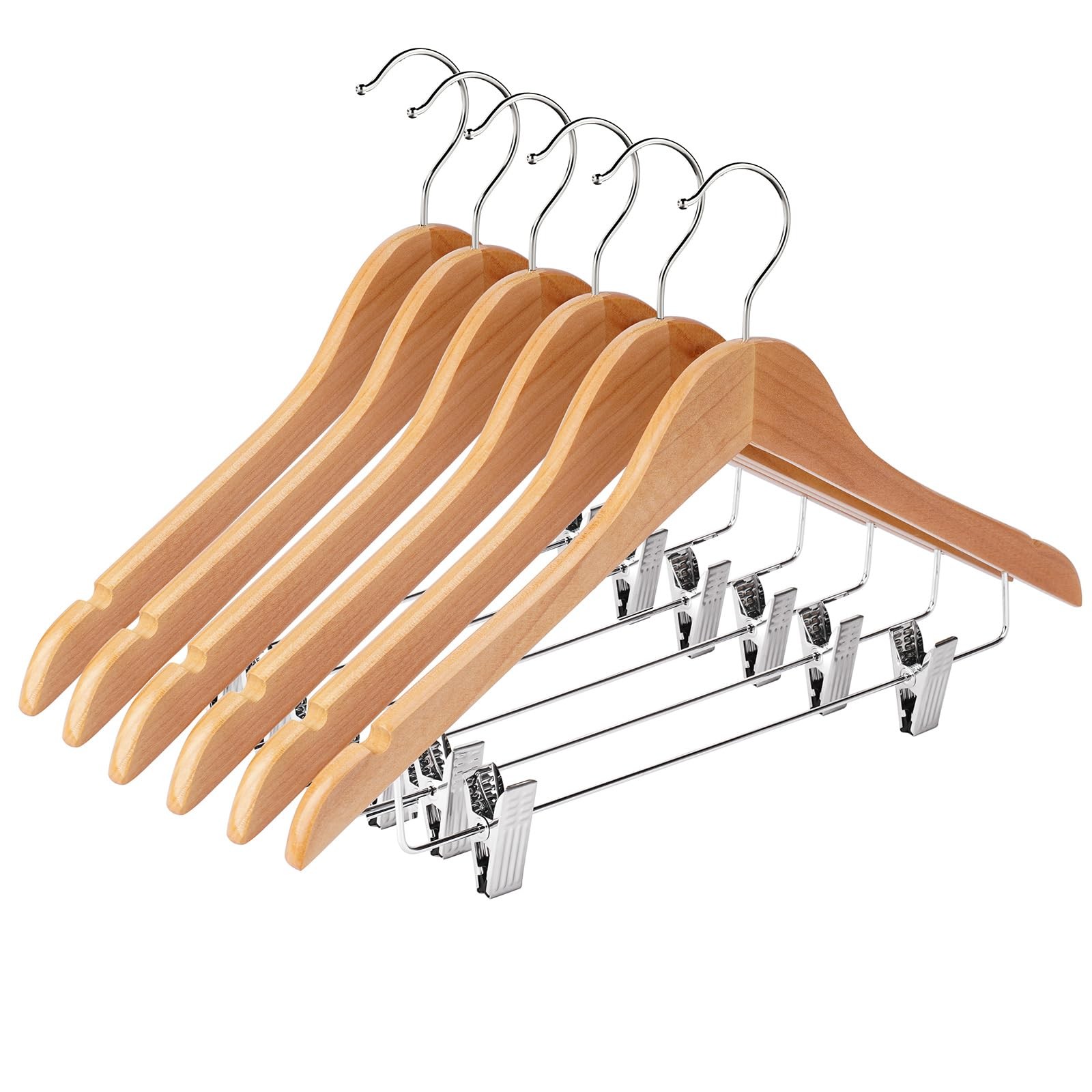 Wooden Hangers with Clips 12 Pack Wooden Pants Hangers,Skirt Hangers with Adj...