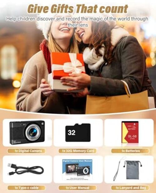 2025 New Digital Camera, 56MP FHD 1080P for Kids with 16x Digital Zoom Black