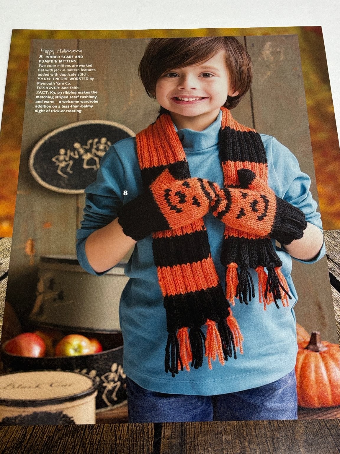Ribbed Scarf & Pumpkin Mittens Knitting Pattern Magazine Pages