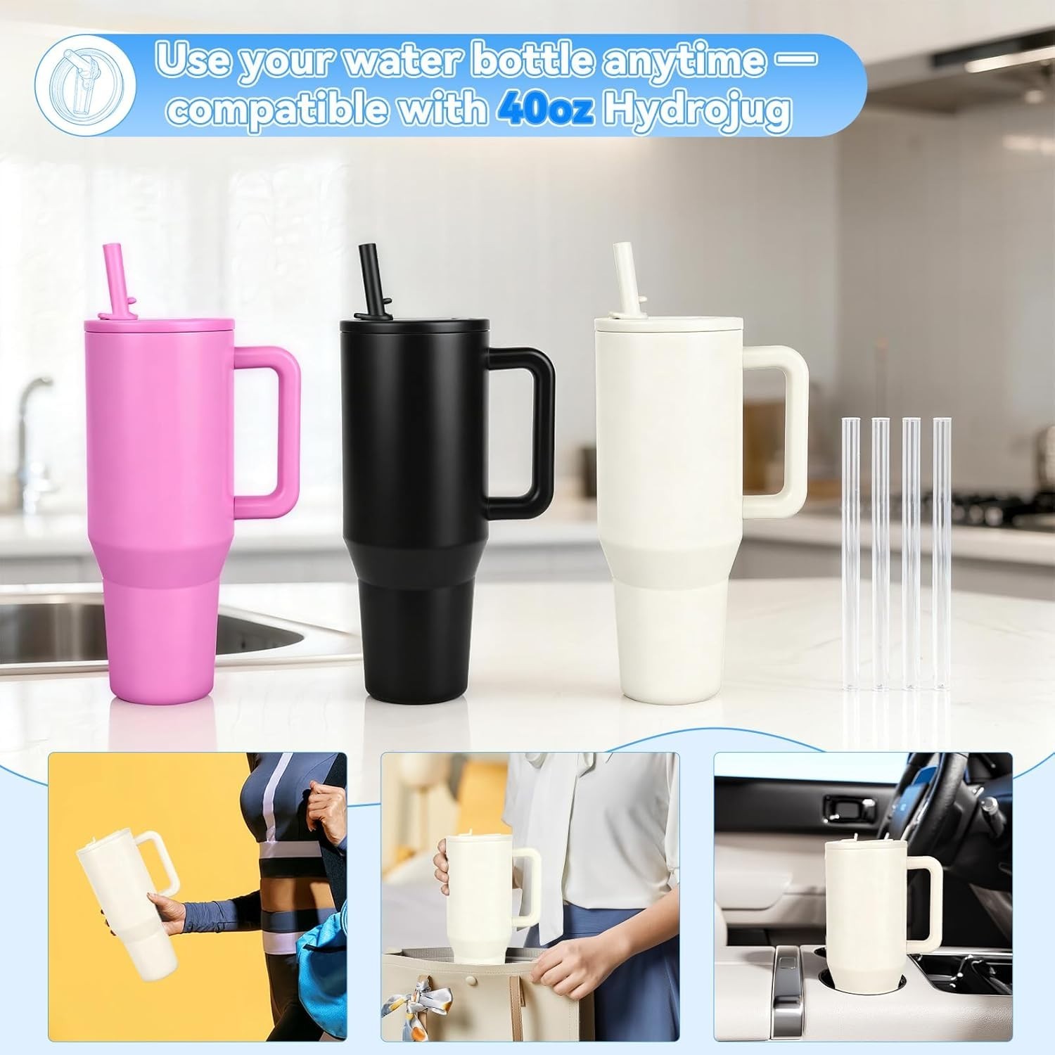 Cream 40oz HydroJug Flip Straw Leak-Proof Lid with 4 Straws, BPA-Free, Dishwa...