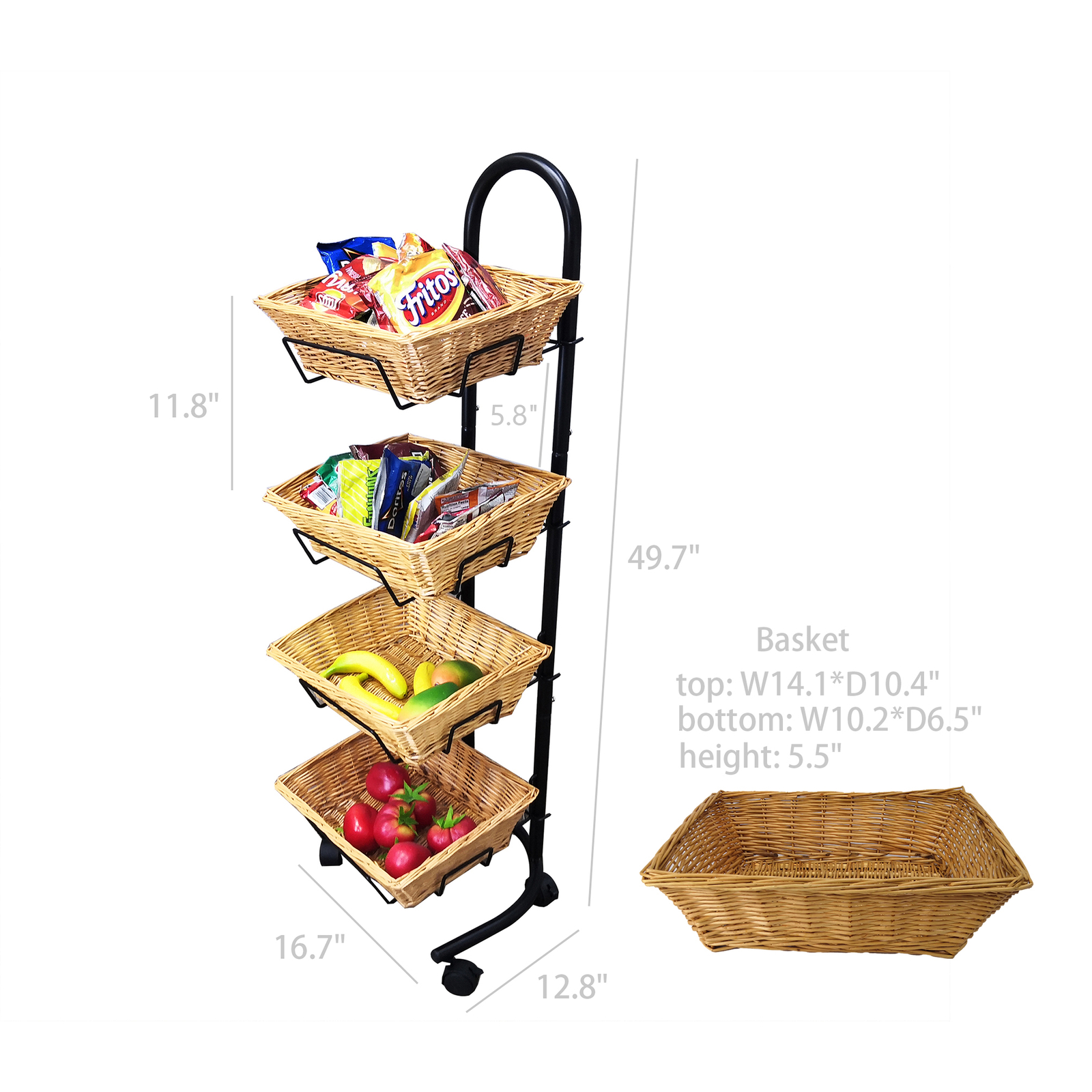 Rolling Wicker Basket Display Market Merchandiser Stand Kitchen Pantry Organizer