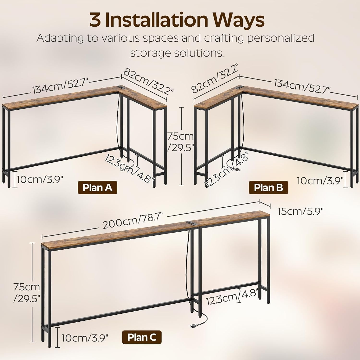 Rustic Brown 78.7" Extra Long Console Table - Built-in Charging Station