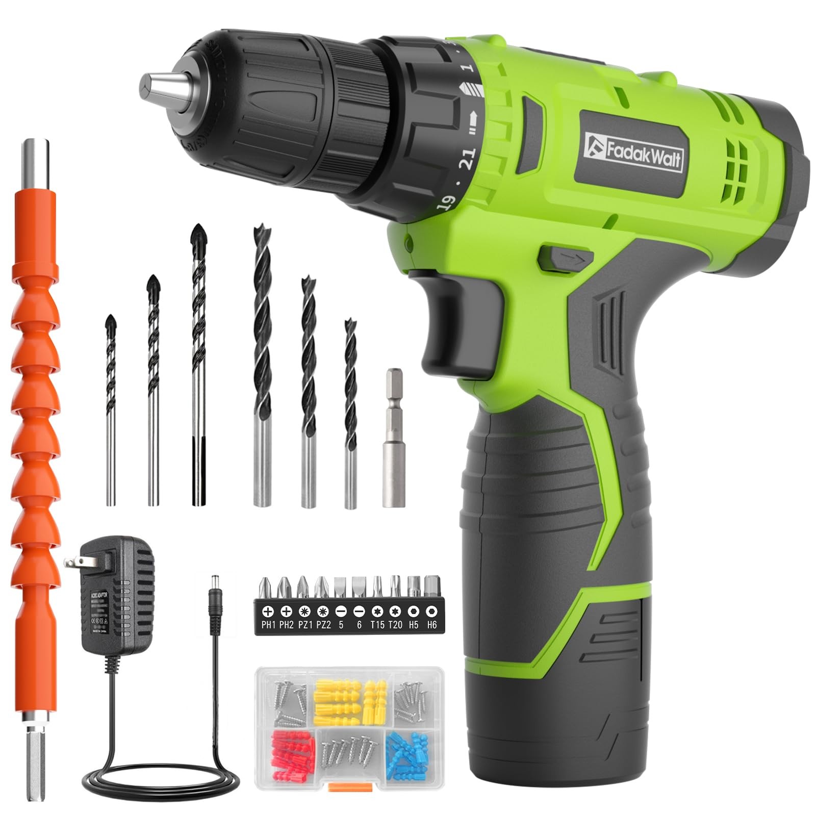 FADAKWALT Cordless Drill Set,12V Power Set with Battery and Green