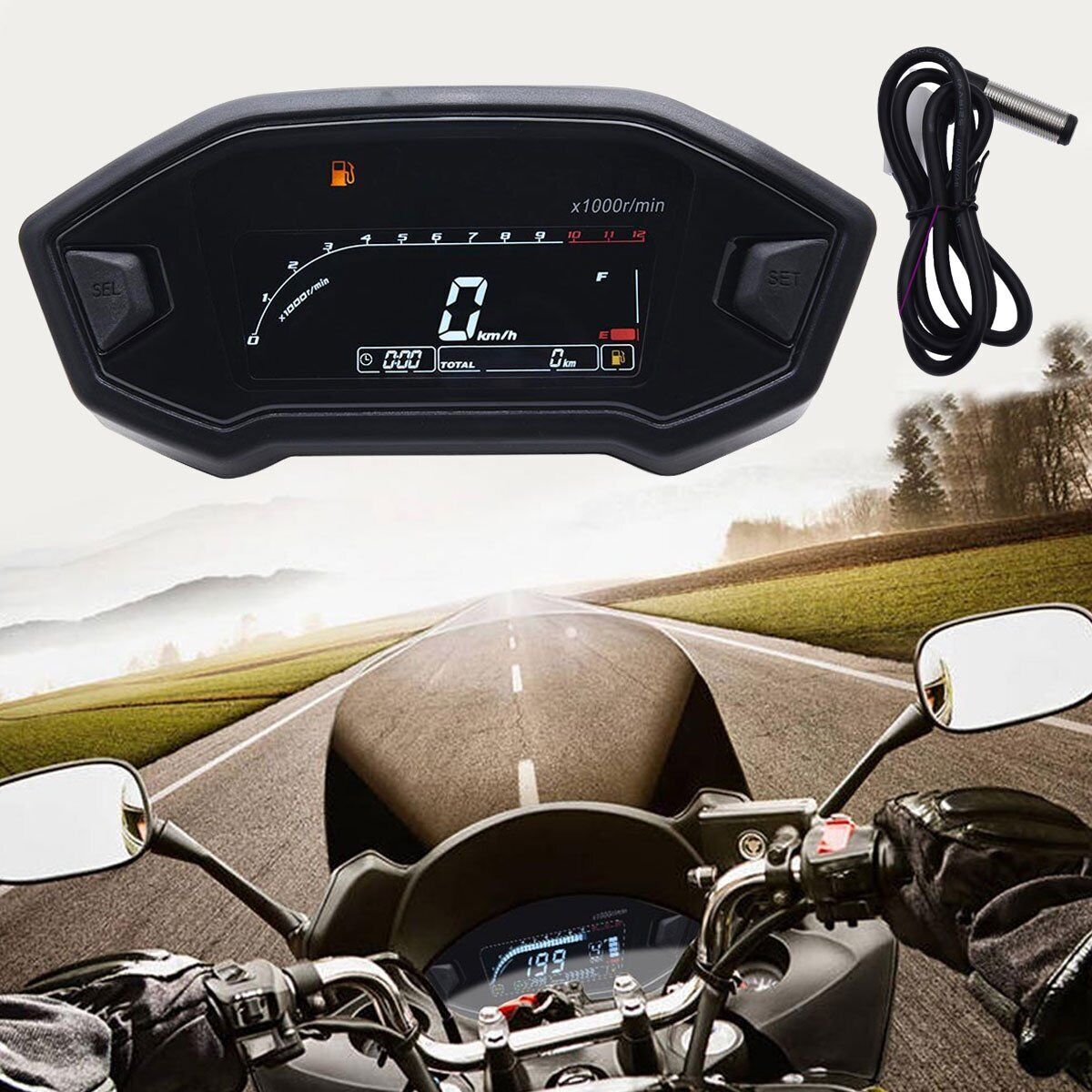 Motorcycle Speedometer Universal Tachometer LCD Digital Odometer Gauge Fuel