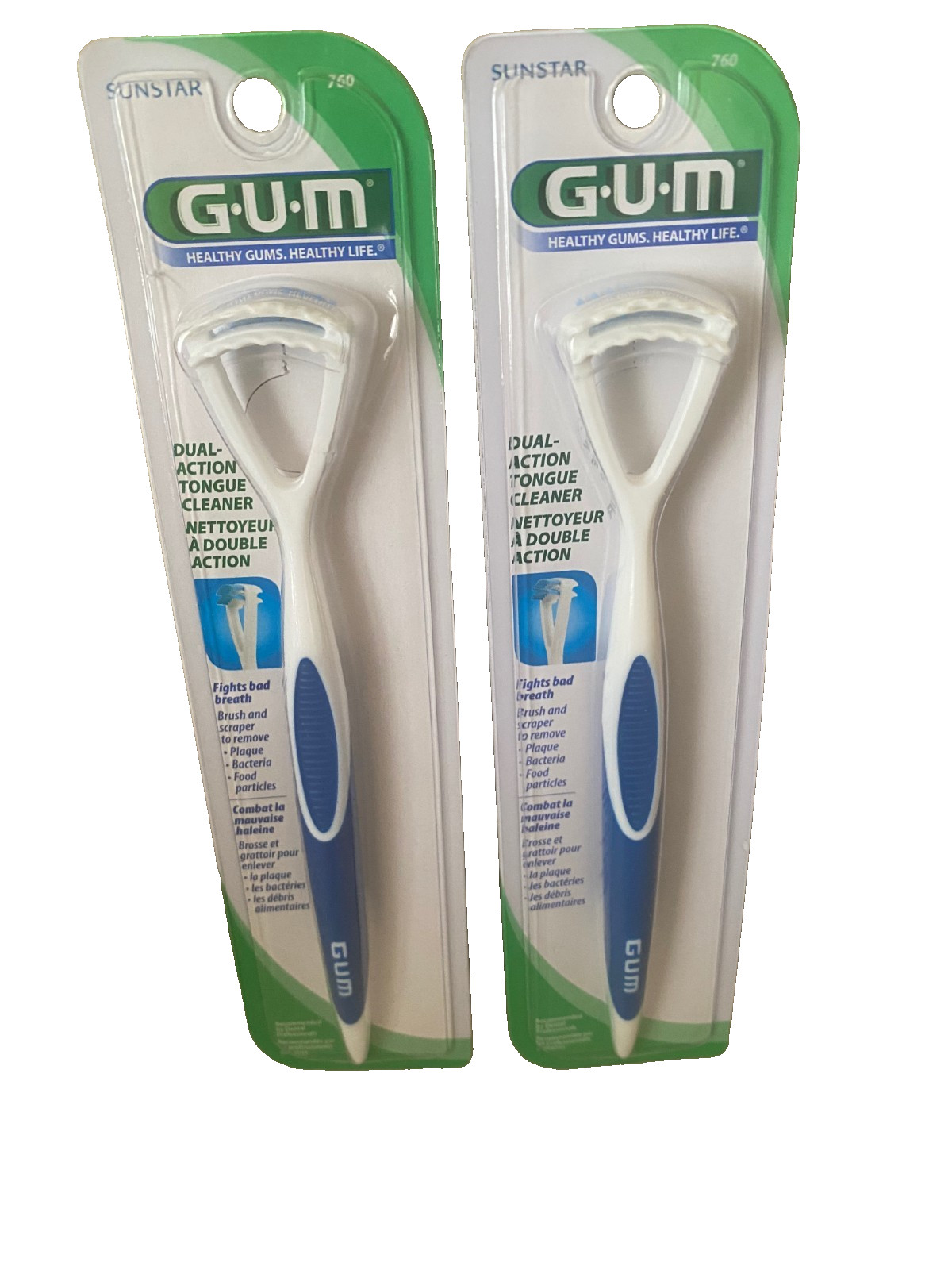GUM - 760 Dual Action Tongue Cleaner Brush and Scraper Blue  NEW