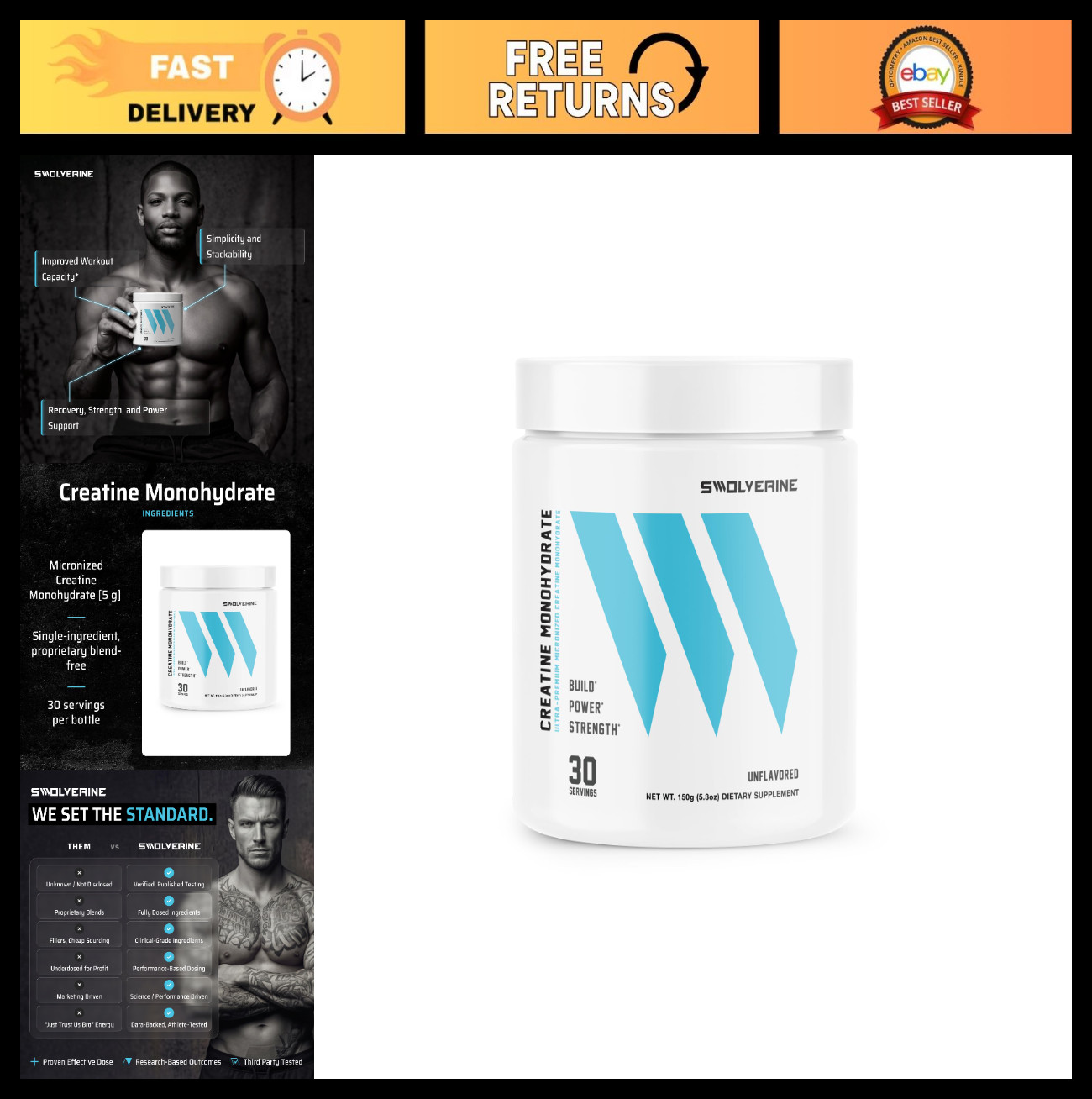 Micronized Creatine Monohydrate Powder - 5g, 30 Servings, Muscle Strength & Reco