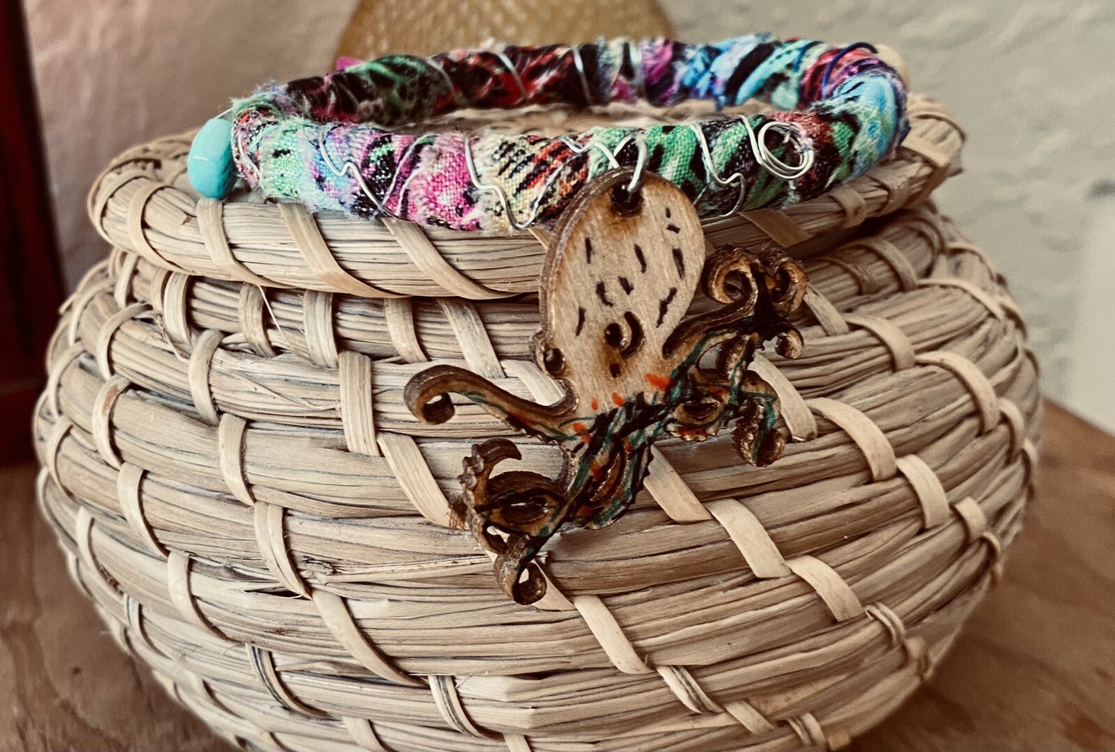 Octopus Bangle Fabric Wrapped Laser Painted Wood Charm & Beads
