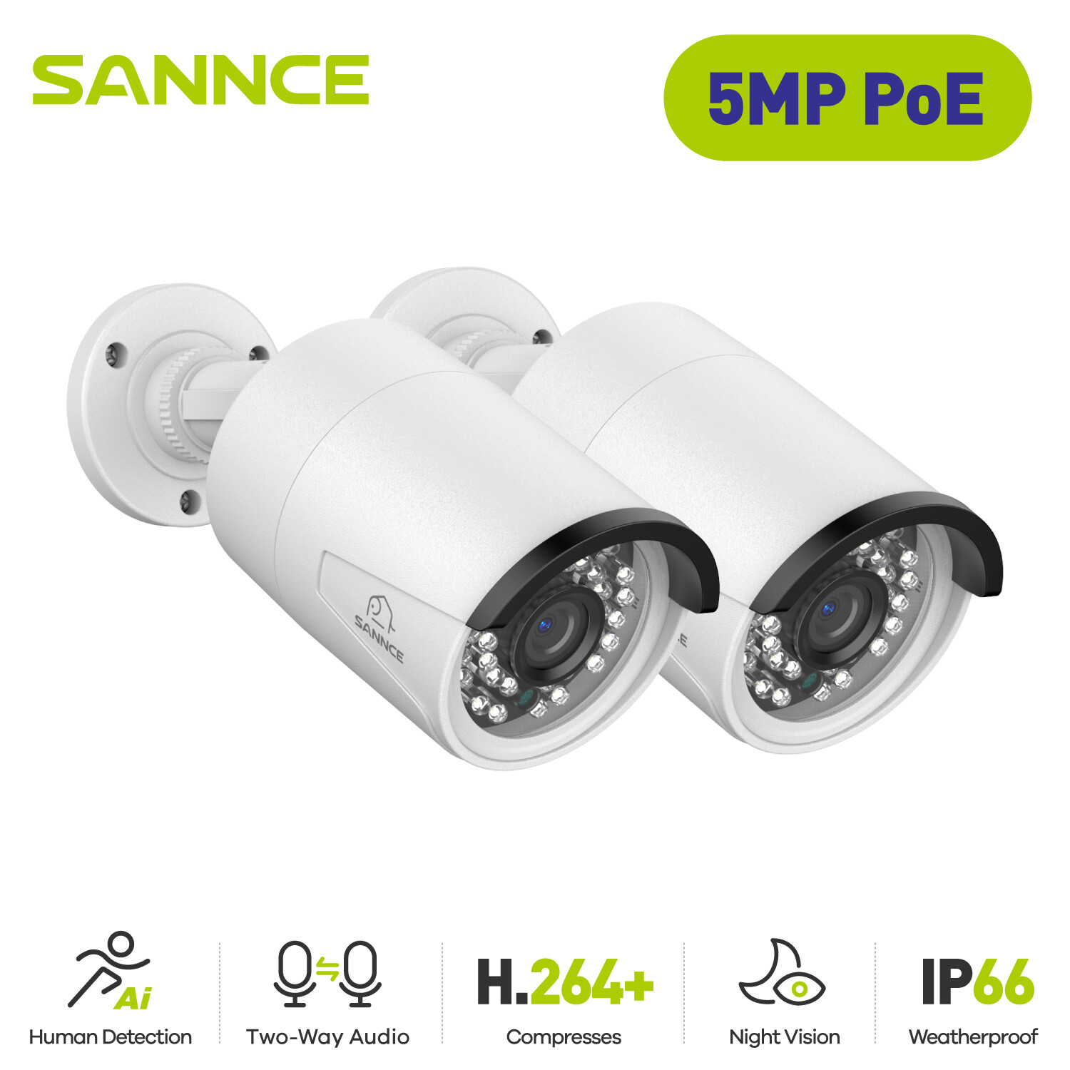 SANNCE 2x HD 5MP POE Security IP Camera Two Way Audio Recording Human Detection