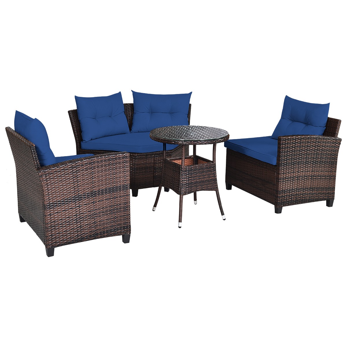Patiojoy 4PCS Outdoor Patio Rattan Furniture Set Cushioned W/ Table Navy