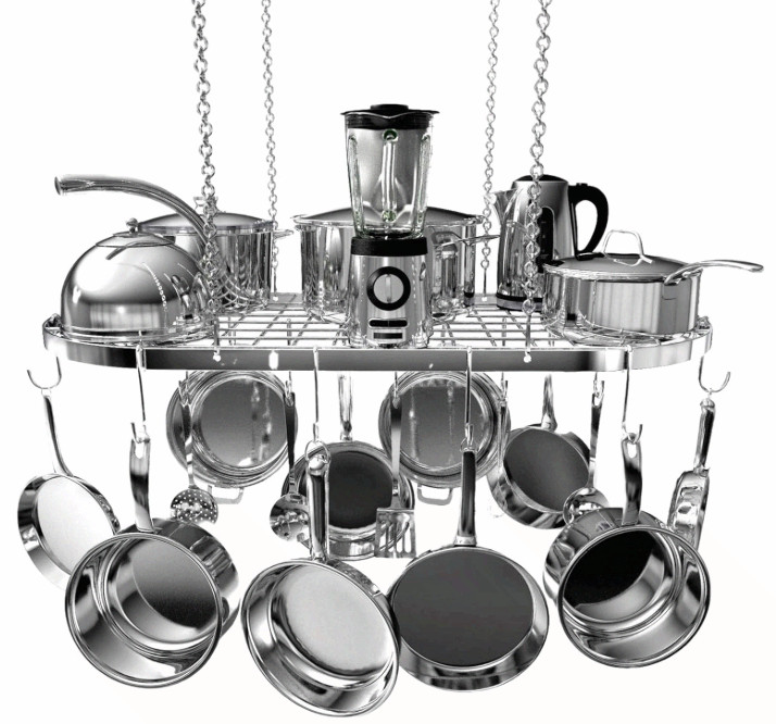 Hanging Pot Rack - Ceiling Mount Organizer with 15 Hooks, 33x17 in Silver
