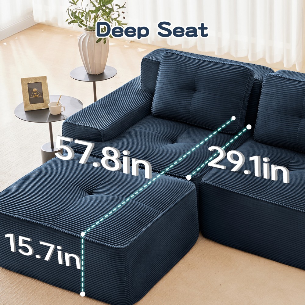 117" Modular Sectional Sofa w/ Tufted Design, Corduroy Fabric, Deep Seat, Blue