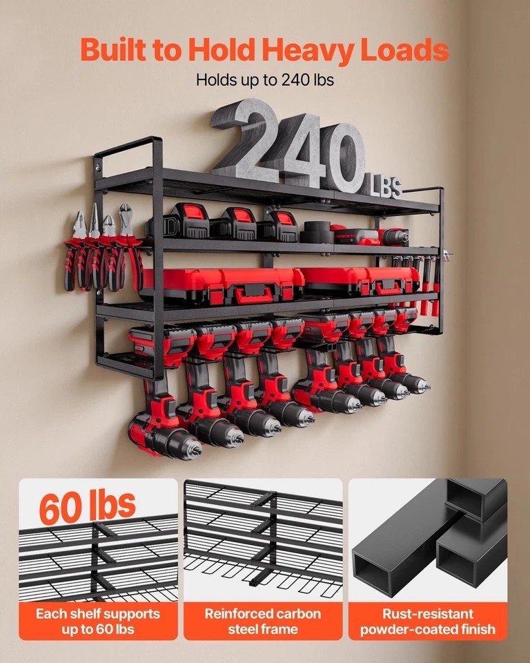 Power Tool Organizer Wall Mount 4-Layer Tool Storage Rack 8 Drill Holders