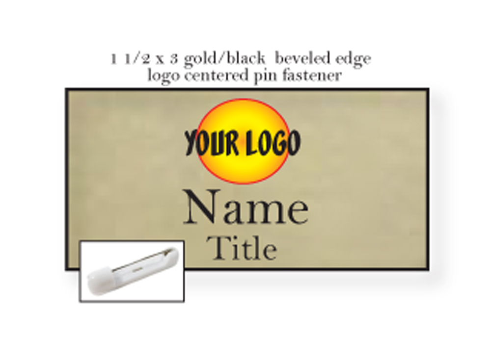 1 GOLD BLACK NAME BADGE COLOR LOGO CENTERED 2 LINES OF IMPRINT PIN FASTENER