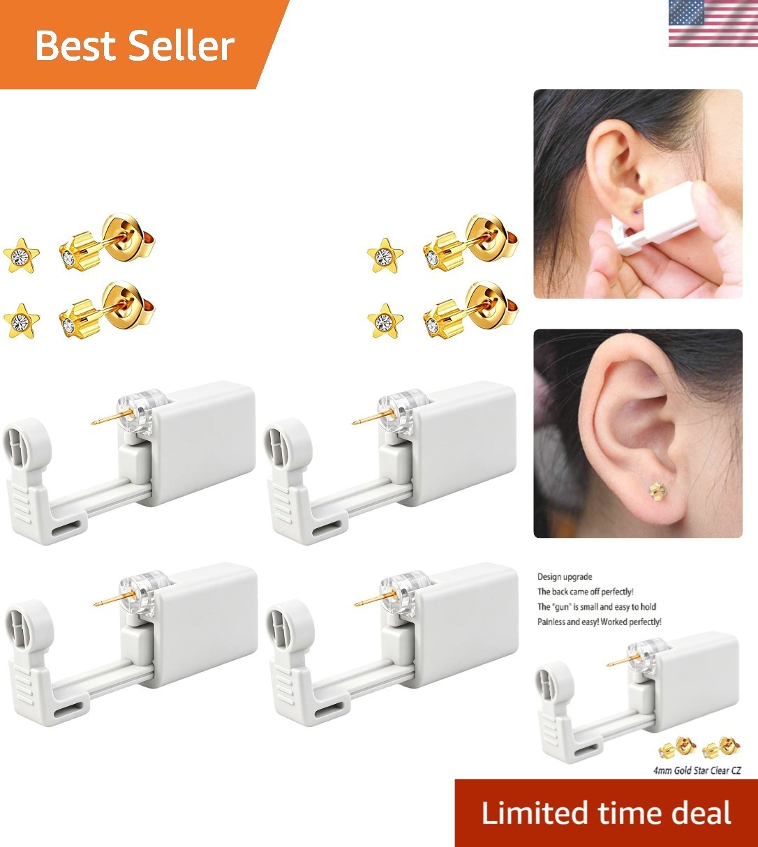 Self-Destroying Ear Piercing Kit - 4 Gold Guns with Studs Included