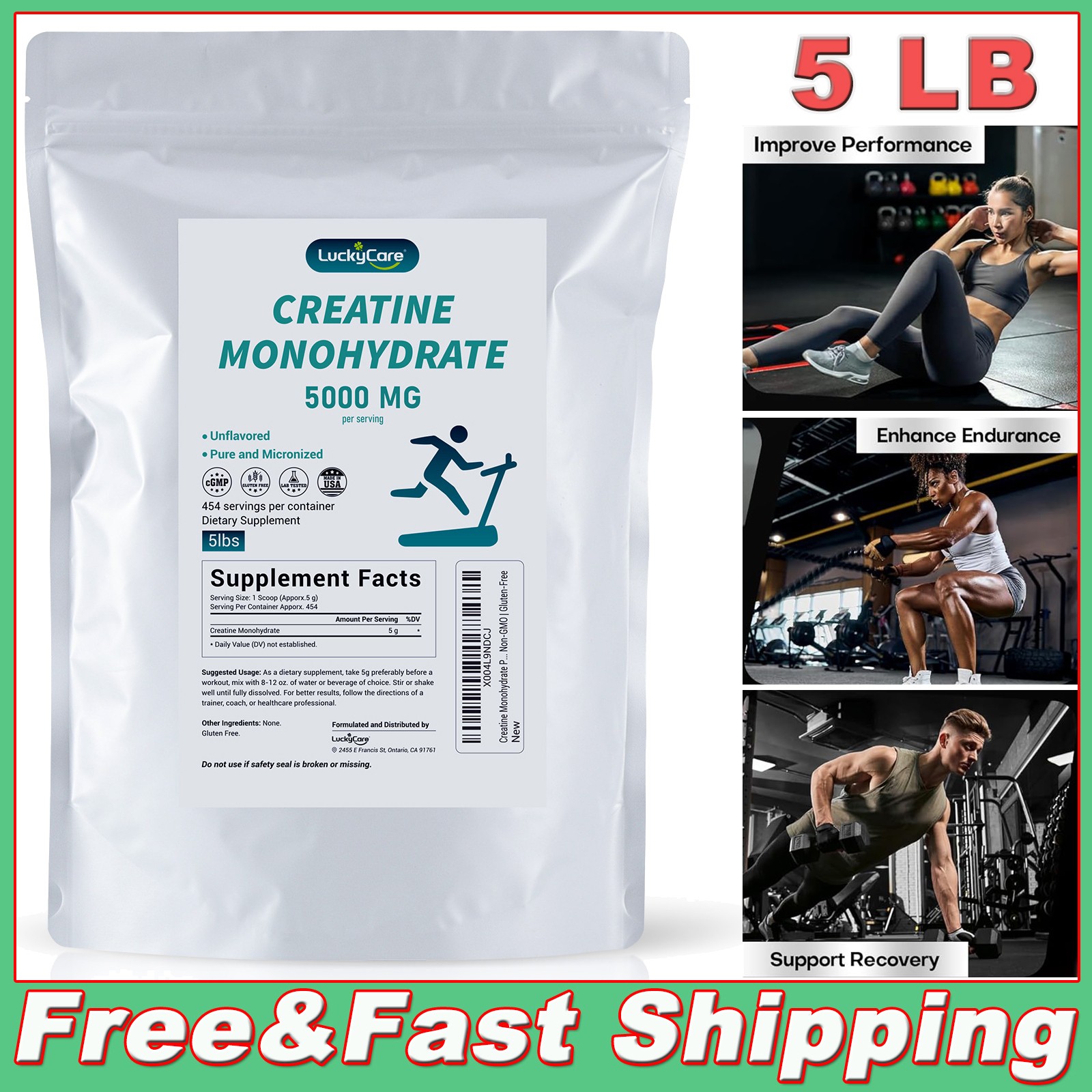Pure Micronized Creatine Monohydrate Powder: 5lb - Unflavored 5g per Serving -US