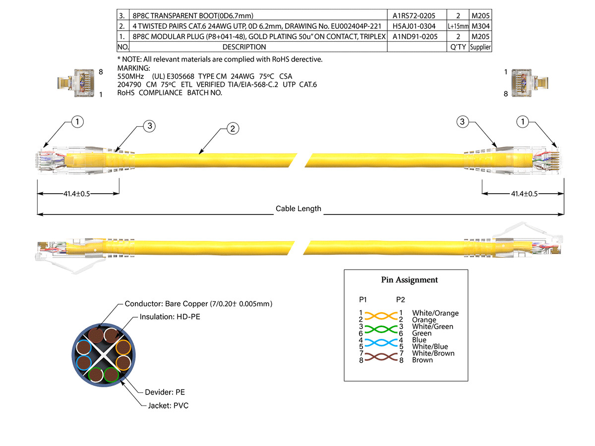 25ft Cat6 Ethernet Patch Cable with Clear Boot, UTP, Pure Bare Copper, Yellow